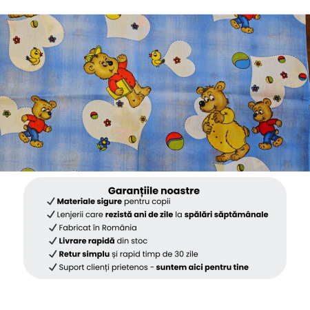 Set complet lenjerie 5 piese pentru pătuț stivuibil grădiniță, model ursuleți pe fond bleu [5]