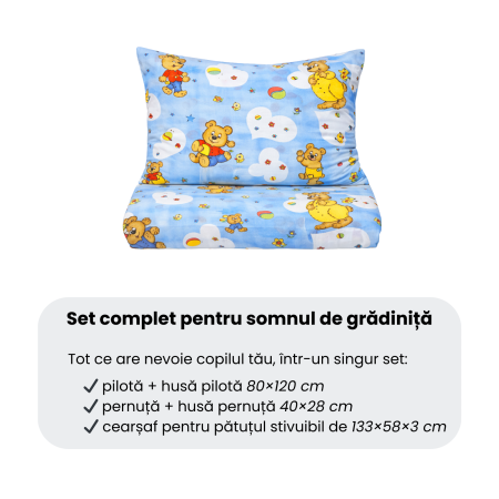 Set complet lenjerie 5 piese pentru pătuț stivuibil grădiniță, model ursuleți pe fond bleu [4]
