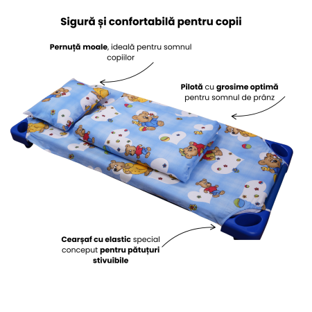 Set complet lenjerie 5 piese pentru pătuț stivuibil grădiniță, model ursuleți pe fond bleu [1]