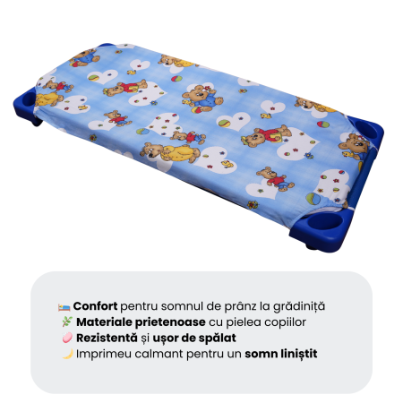 Set complet lenjerie 5 piese pentru pătuț stivuibil grădiniță, model ursuleți pe fond bleu [3]