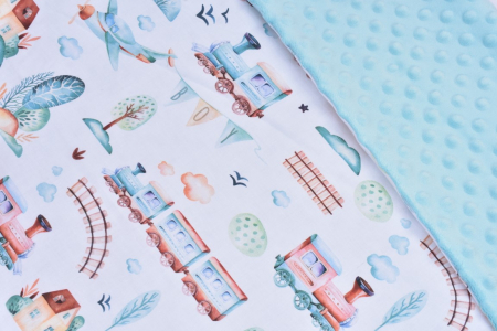 Set complet lenjerie 7 piese model trenulete si plus minky bleu/alb patut 120x60 cm [1]
