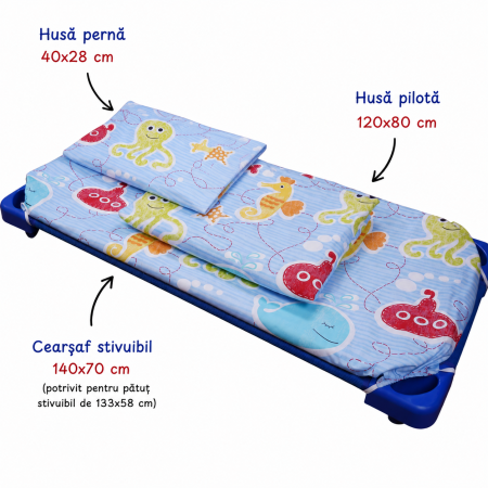 Set lenjerie 3 piese bumbac 100%, pentru pătuț stivuibil grădiniță, model Caracatiță bleu-ediție limitată [1]