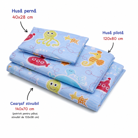 Set lenjerie 3 piese bumbac 100%, pentru pătuț stivuibil grădiniță, model Caracatiță bleu-ediție limitată [3]