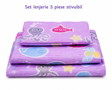 Set lenjerie 3 piese bumbac 100%, pentru pătuț stivuibil grădiniță, model Caracatiță mov-ediție limitată [2]
