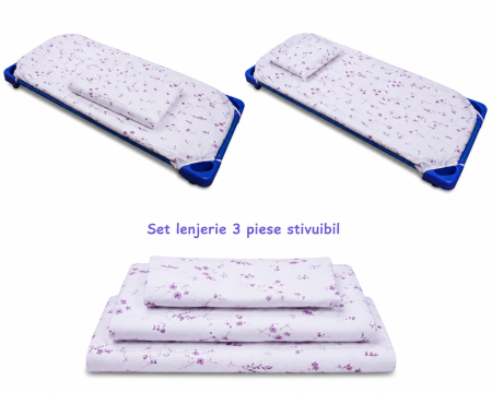 Set lenjerie 3 piese bumbac 100%, pentru pătuț stivuibil grădiniță, model creponat cu flori mov-ediție limitată [1]