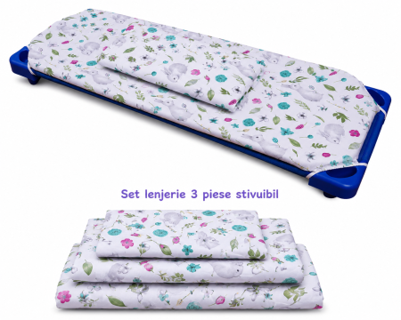 Set lenjerie 3 piese bumbac 100%, pentru pătuț stivuibil grădiniță, model Iepurași și flori-ediție limitată [1]