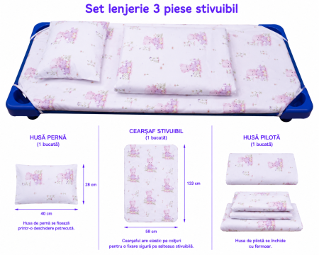 Set lenjerie 3 piese bumbac 100%, pentru pătuț stivuibil grădiniță, model ursuleți cu stropitoare [1]