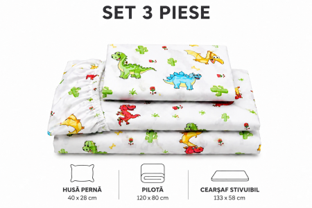 Set lenjerie 3 piese pentru pătuț creșă 120x60 cm, model dinozauri [1]