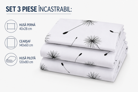 Set lenjerie 3 piese pentru patut incastrabil gradinita model papadii monocrom [2]
