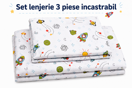 Set lenjerie 3 piese pentru patut incastrabil gradinita model rachete [1]