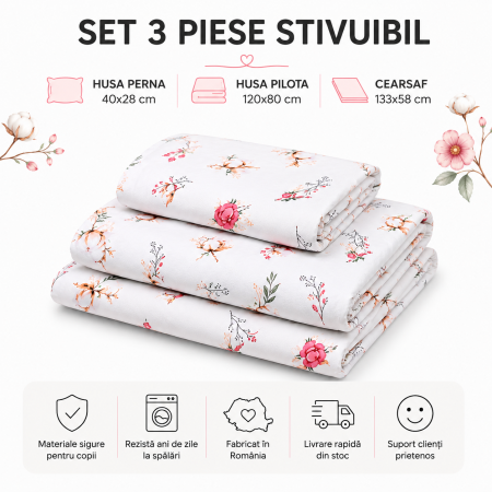 Set lenjerie 3 piese pentru patut stivuibil gradinita model flori de bumbac [2]