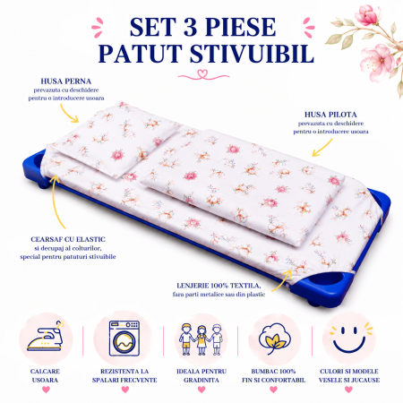 Set lenjerie 3 piese pentru patut stivuibil gradinita model flori de bumbac [1]