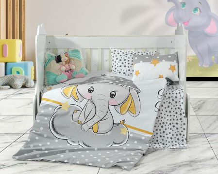 Saltea Bebelusi 120/60 - Set lenjerie 4 piese model Elefantel si stelute gri patut 140x70 cm