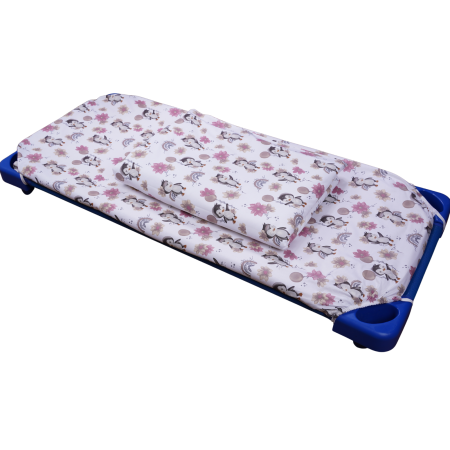 Set lenjerie 5 piese bumbac 100%, pentru pătuț stivuibil grădiniță, model Pinguini cu flori-ediție limitată [1]
