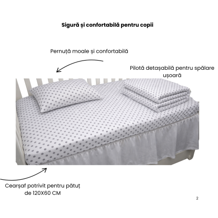 Lenjerie 5 piese pătuț creșă sau grădiniță, 120x60 cm, bumbac 100%, model Bulinuțe gri [1]