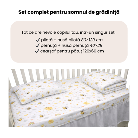 Lenjerie 5 piese pătuț creșă sau grădiniță, 120x60 cm, bumbac 100%, model Albinuțe [3]