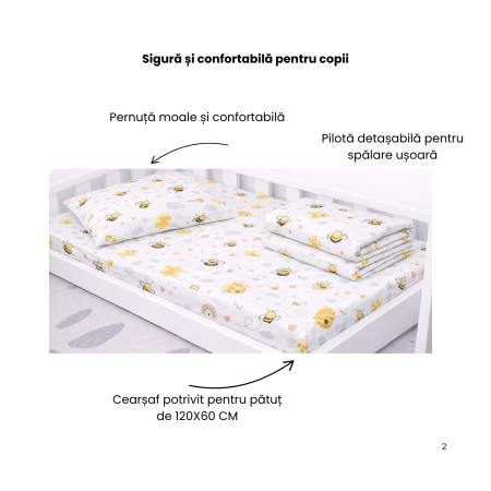 Lenjerie 5 piese pătuț creșă sau grădiniță, 120x60 cm, bumbac 100%, model Albinuțe [1]
