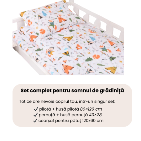 Lenjerie 5 piese pătuț creșă sau grădiniță, 120x60 cm, bumbac 100%, model Animăluțe și vulpițe [1]