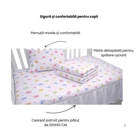 Lenjerie 5 piese pătuț creșă sau grădiniță, 120x60 cm, bumbac 100%, model Fluturași [1]