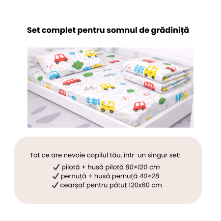 Lenjerie 5 piese pătuț creșă sau grădiniță, 120x60 cm, bumbac 100%, model Mașinuțe [4]