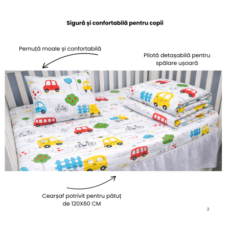 Lenjerie 5 piese pătuț creșă sau grădiniță, 120x60 cm, bumbac 100%, model Mașinuțe [2]