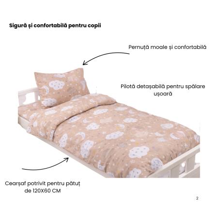 Lenjerie 5 piese pătuț creșă sau grădiniță, 120x60 cm, bumbac 100%, model Norișori maro [2]