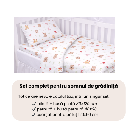 Lenjerie 5 piese pătuț creșă sau grădiniță, 120x60 cm, bumbac 100%, model Animăluțe și Ciupercuțe [2]