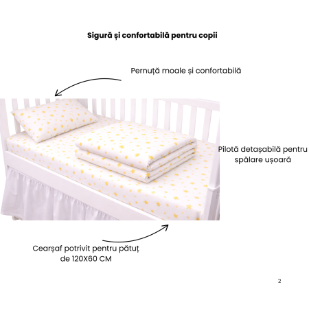 Lenjerie 5 piese pătuț creșă sau grădiniță, 120x60 cm, bumbac 100%, model Steluțe galbene [1]