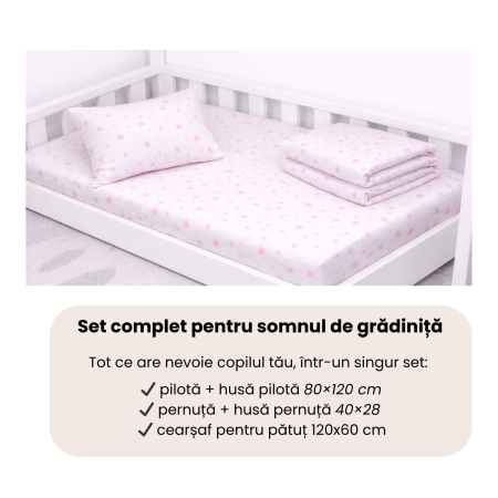 Set Lenjerie 5 piese pătuț creșă sau grădiniță, 120x60 cm, bumbac 100%, model Steluțe roz [4]