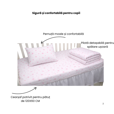 Set Lenjerie 5 piese pătuț creșă sau grădiniță, 120x60 cm, bumbac 100%, model Steluțe roz [3]