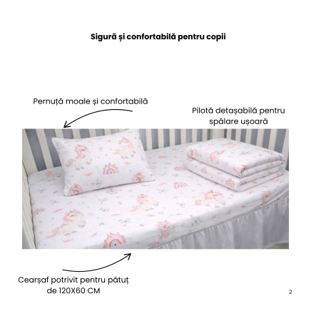 Lenjerie 5 piese pătuț creșă sau grădiniță, 120x60 cm, bumbac 100%, model Unicorni [1]