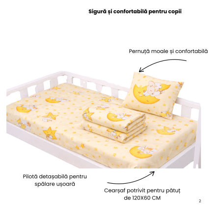 Lenjerie 5 piese pătuț creșă sau grădiniță, 120x60 cm, bumbac standard, model Ursuleti pe fond galben [3]
