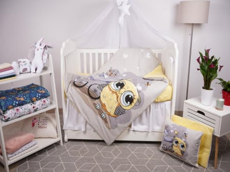 Saltea Bebelusi 120/60 - Set lenjerie 4 piese model Bufnite si bumbac galben patut 140x70 cm