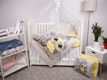 Saltea Bebelusi 120/60 - Set lenjerie 4 piese model Bufnite si bumbac galben patut 120x60 cm