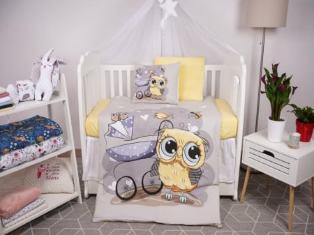 Set lenjerie 4 piese model Bufnite si bumbac galben patut 140x70 cm [2]