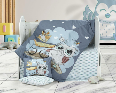 Saltea Bebelusi 120/60 - Set lenjerie 6 piese model Bufnite si bulinute gri patut 140x70 cm