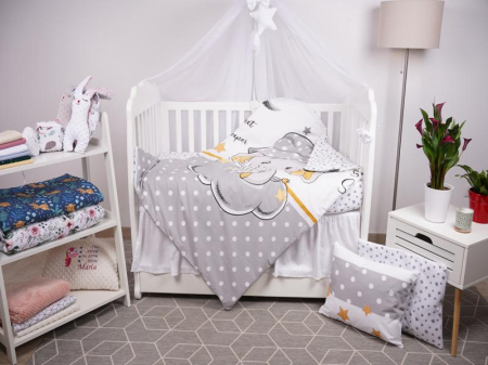 Saltea Bebelusi 120/60 - Set lenjerie 4 piese model Elefantel si stelute gri patut 140x70 cm