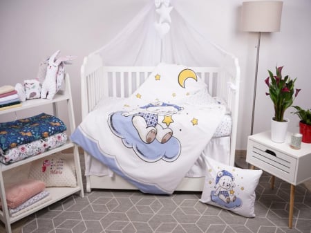 Saltea Bebelusi 120/60 - Set lenjerie 4 piese model Ursulet si stelute blue patut 120x60 cm