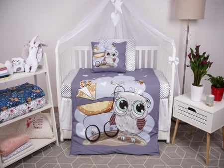 Set lenjerie 4 piese model Bufnite si bulinute gri patut 140x70 cm [1]