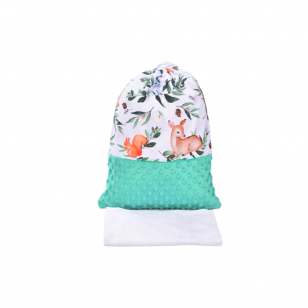 Saculet Gradinita - Set saculet si prosopel gradinita model caprioare si plus minky turquoise