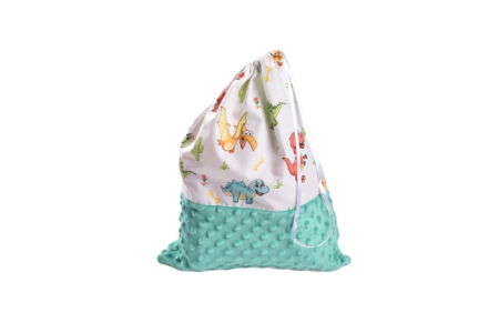 Saculet Gradinita - Set saculet si prosopel gradinita model dinozauri si plus minky turquoise