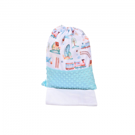 Saculet Gradinita - Set saculet si prosopel gradinita model trenulete si plus bleu