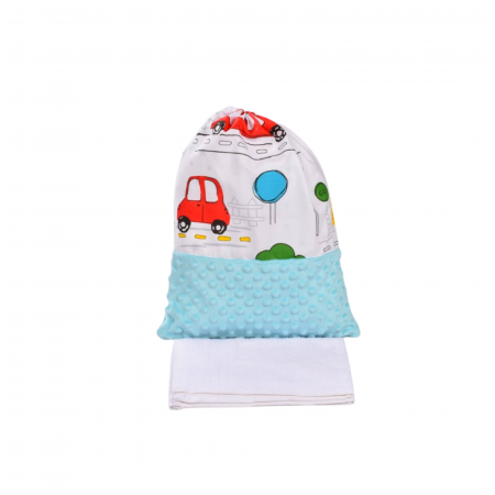 Saculet Gradinita - Set saculet si prosopel gradinita model masinute si plus minky bleu