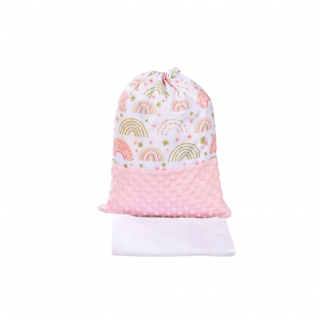 Saculet Gradinita - Set saculet si prosopel gradinita model curcubee florale si plus minky roz pal