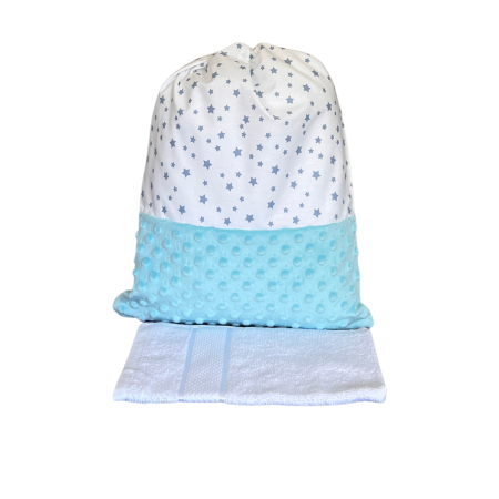 Saculet Gradinita Personalizat - Set săculeț și prosopel grădiniță, model steluțe bleu și pluș minky bleu