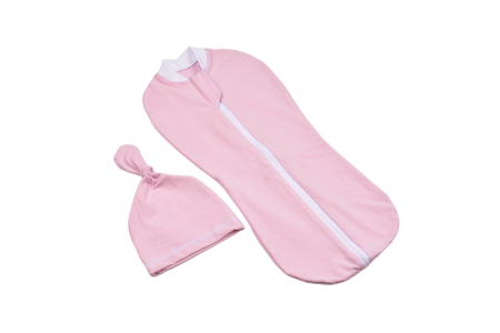 Sisteme de Infasat Bebe - Set sistem de infasat si caciulita bumbac organic roz si  0-3 luni