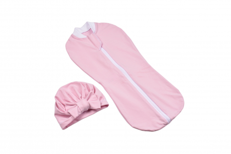 Sisteme de Infasat Bebe - Set sistem de infasat si turban bumbac organic roz si  0-3 luni
