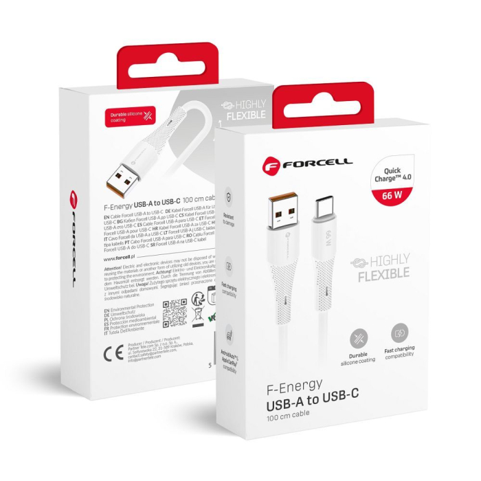 Cablu Forcell USB A la tip C QC4.0 3A 66W 1m - Alb [1]