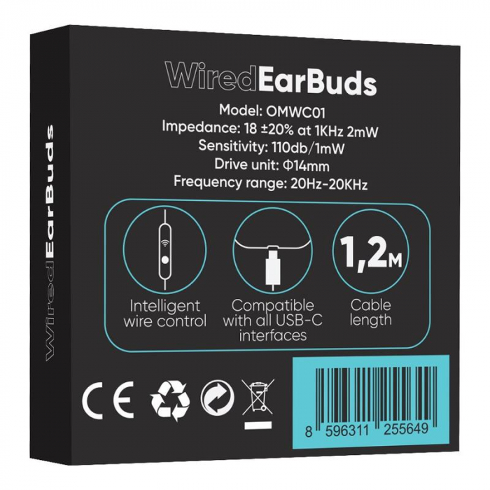 Căști cu fir OBAL:ME  mufă USB-C cu microfon - NEGRU [2]