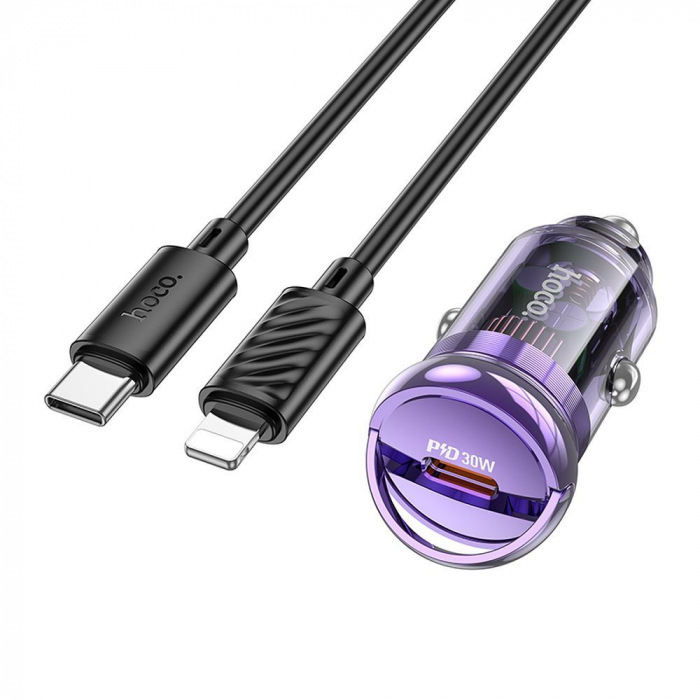 Incarcator auto HOCO Tip C + cablu Tip C la Lightning PD QC3.0 30W Z53 - VIOLET [2]
